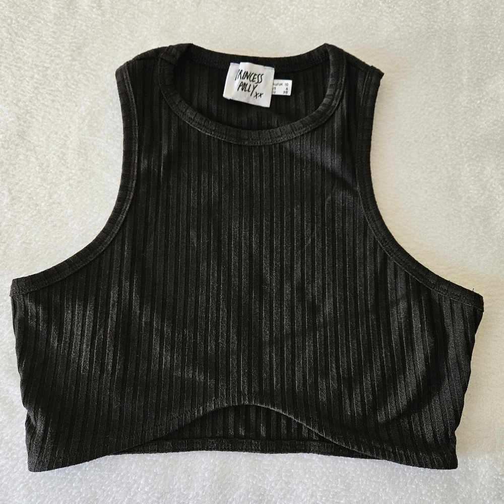 Princess Polly Black Ribbed Crop Top Size 6